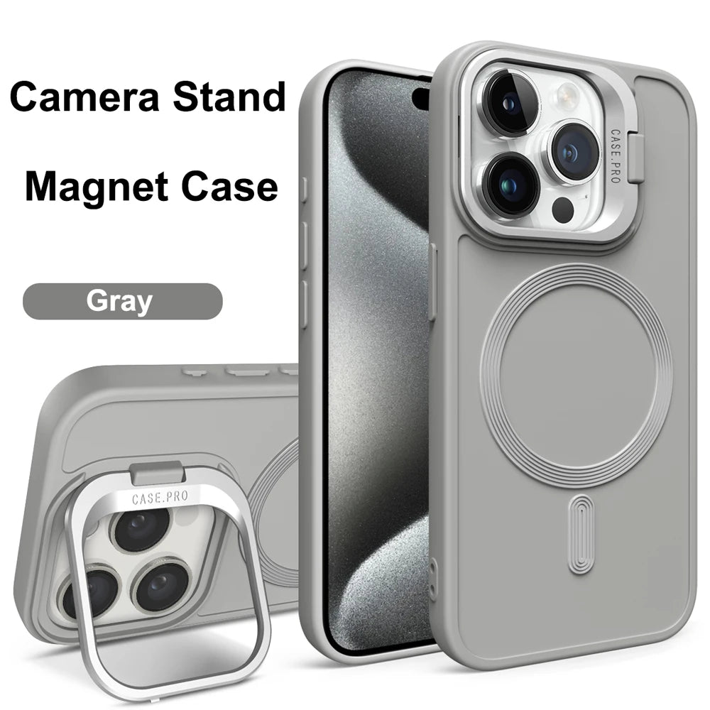 Stand Case for iPhone 16 15 14 13 12 11 Pro Max Cover Magnetic for Magsafe Wireless Charge Shell Camera Holder Soft Matte Fundas