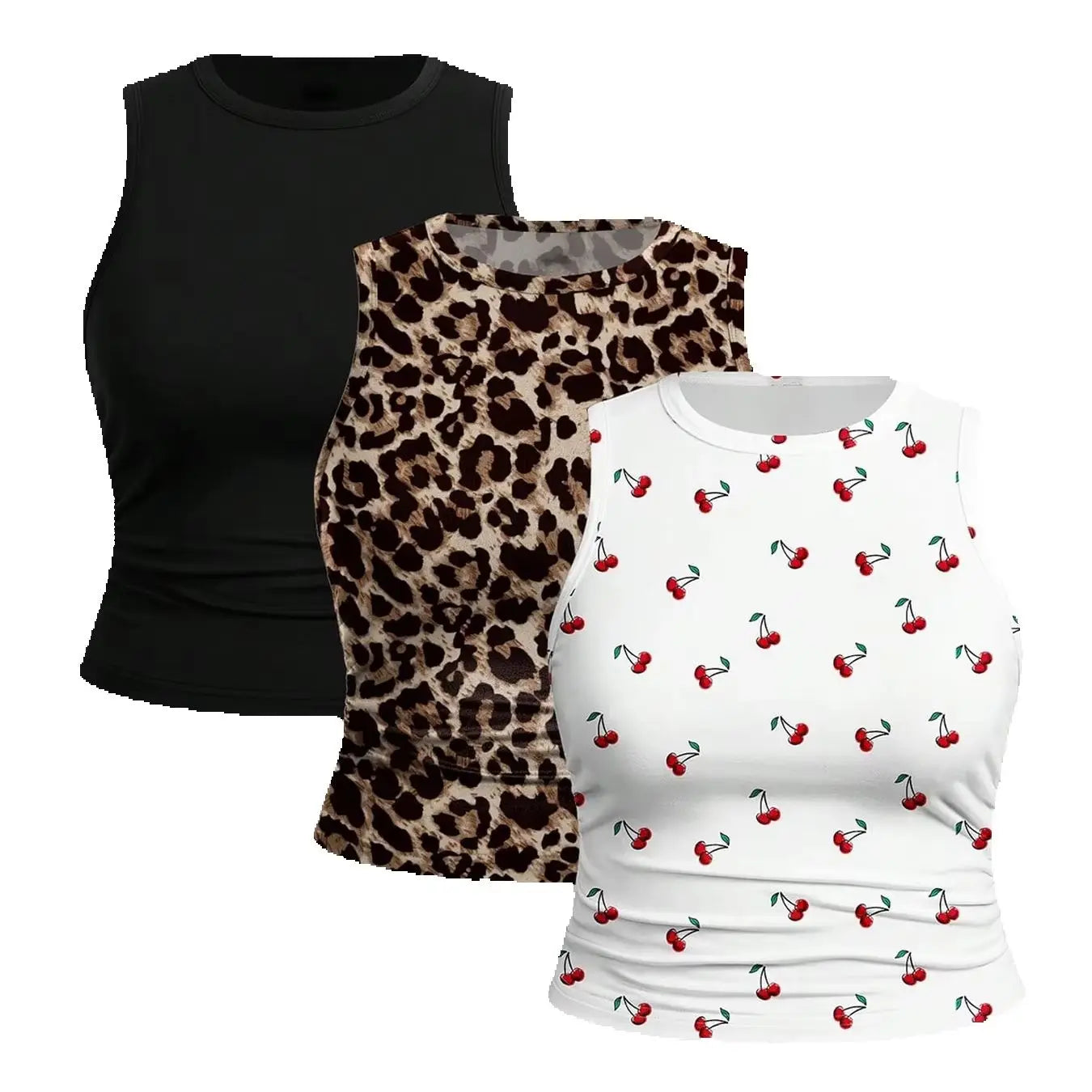 3PC Leopard Print Cherry Print Round Neck Sleeveless Vest, Sweet and Cool Style Slim Fit Short and Plus Size Vest Top