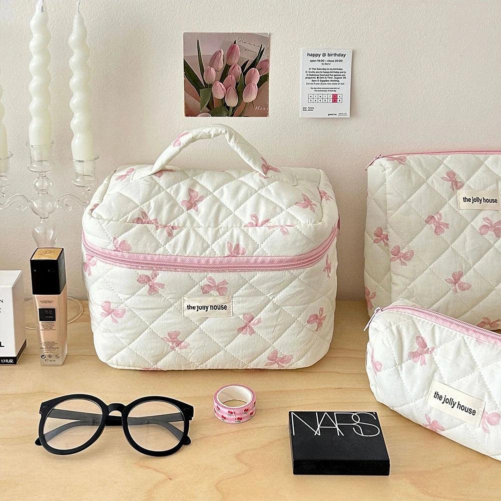 Cute Bow Toiletry Bag with Zipper Makeup Organizer Storage Bag Cotton Quilted Cosmetic Organizer Case for Women and Girls