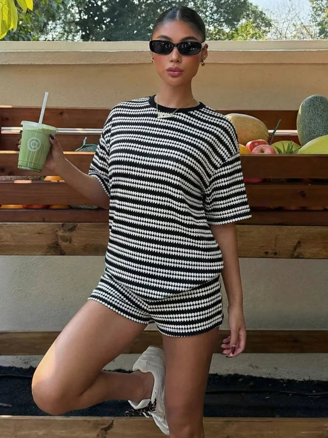 Women's Striped Shorts Set Summer Casual Short Sleeve Knit Top Lounge Wear 2 Piece Set Female Fashion Streetwear Suit