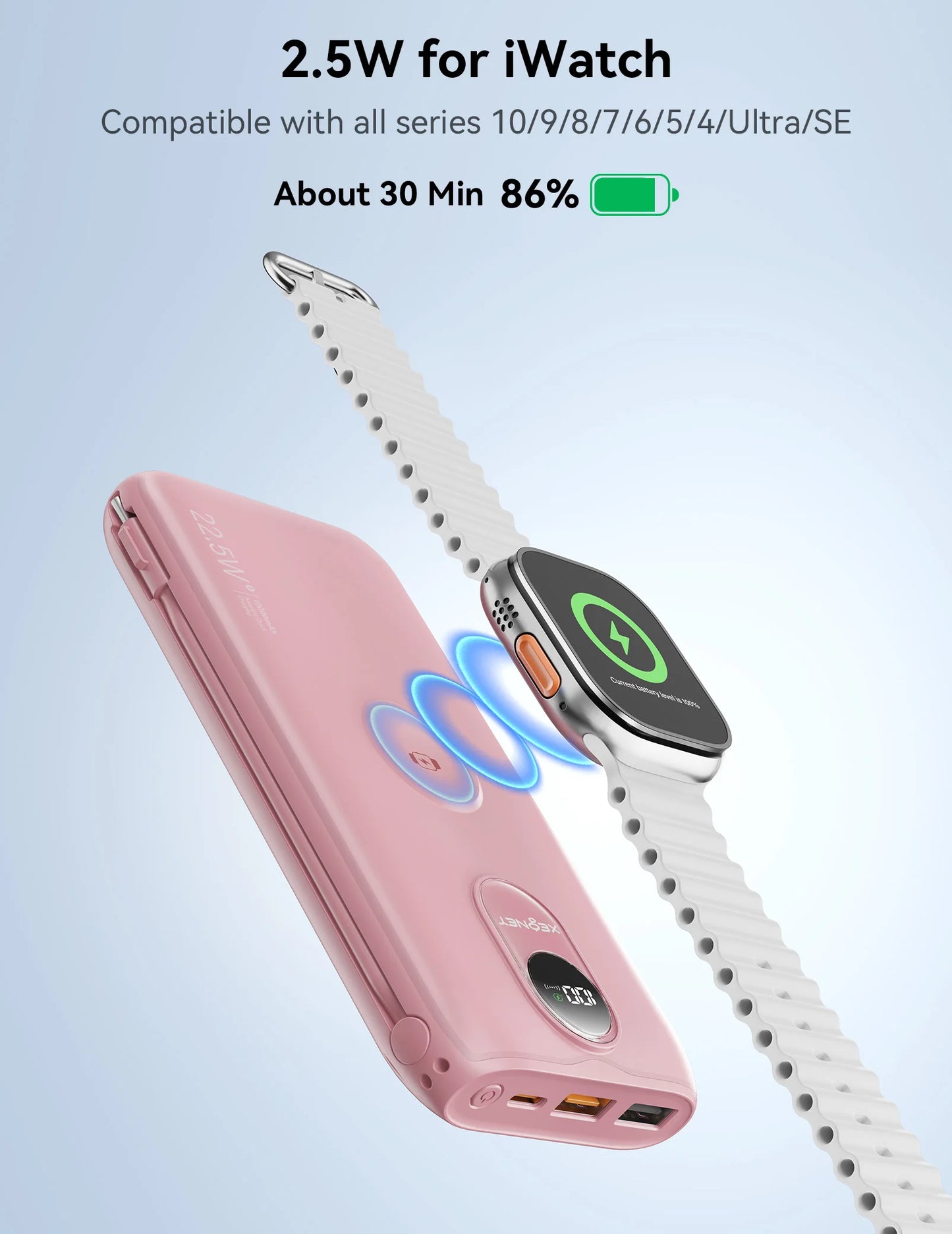 10000mAh Power Bank with AC Wall Plug,22.5W SCP/20W PD Fast Charging,Built-in Cables,Wireless Charger for Apple Watch