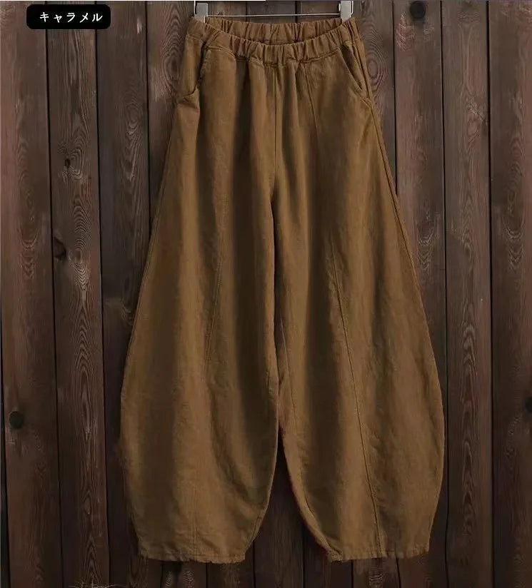 Women's Cotton Linen Vintage Wide Leg Pants With Elastic Waist Full Length
