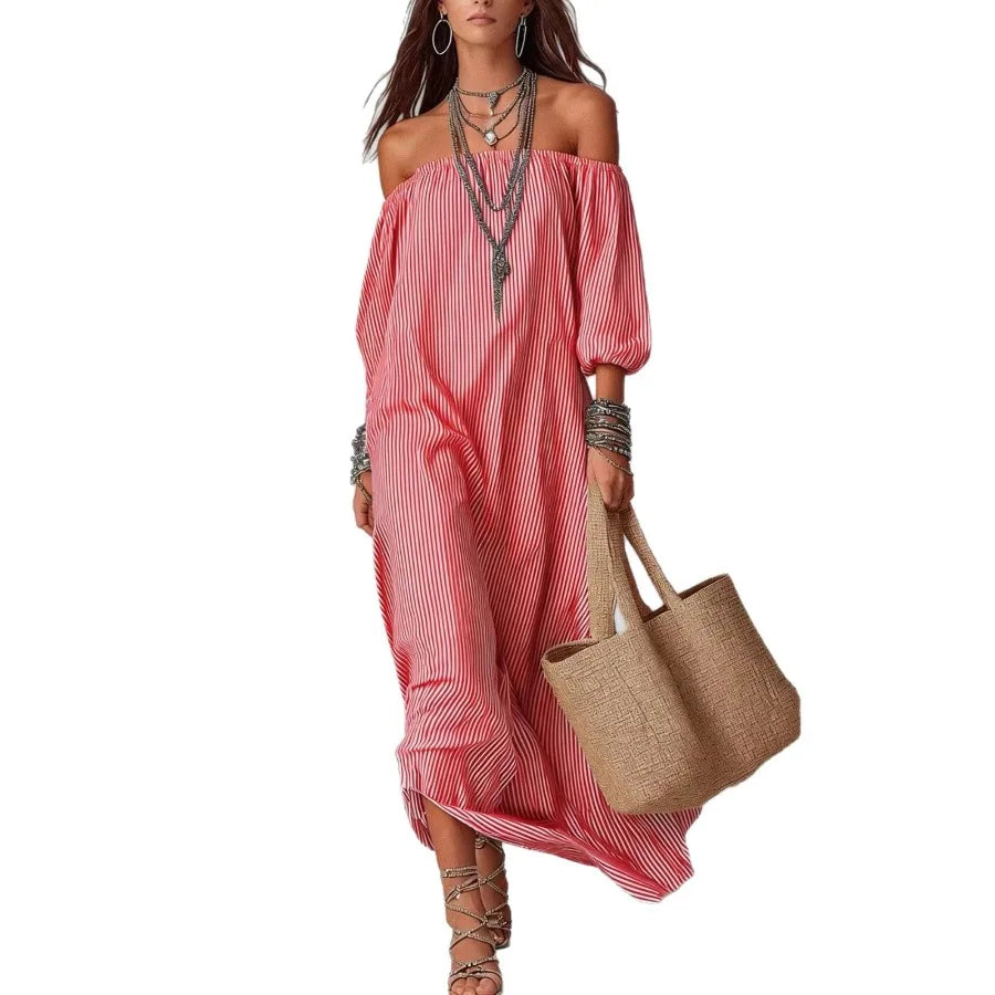 【New style】2026 new style in stock - European and American spring and summer elegant stripe off-the-shoulder loose vacation fas