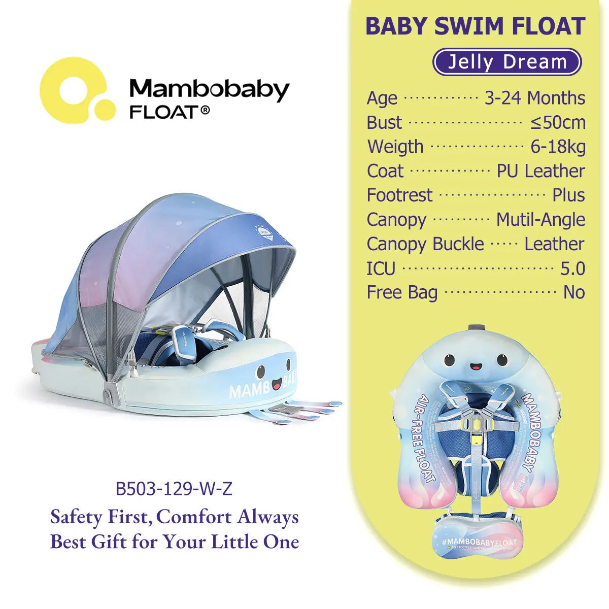 Mambobaby Pool Float With Safety Belt Non Inflatable Canopy Baby
