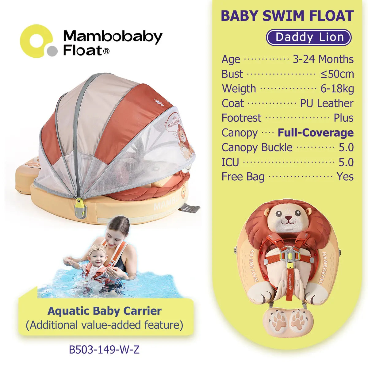 Mambobaby Pool Float With Safety Belt Non Inflatable Canopy Baby