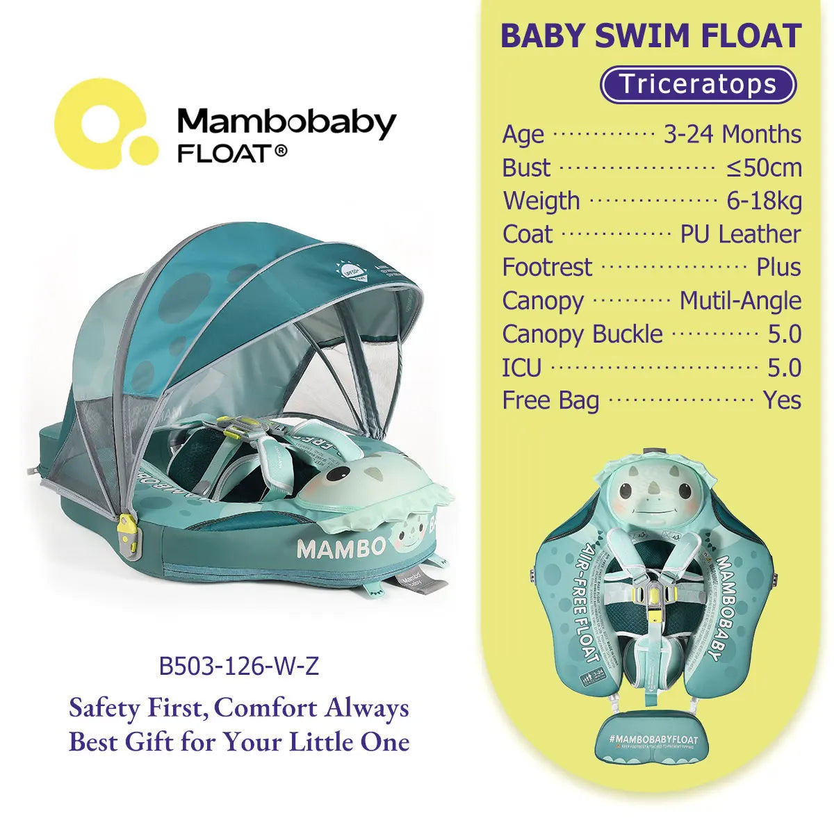Mambobaby Pool Float With Safety Belt Non Inflatable Canopy Baby