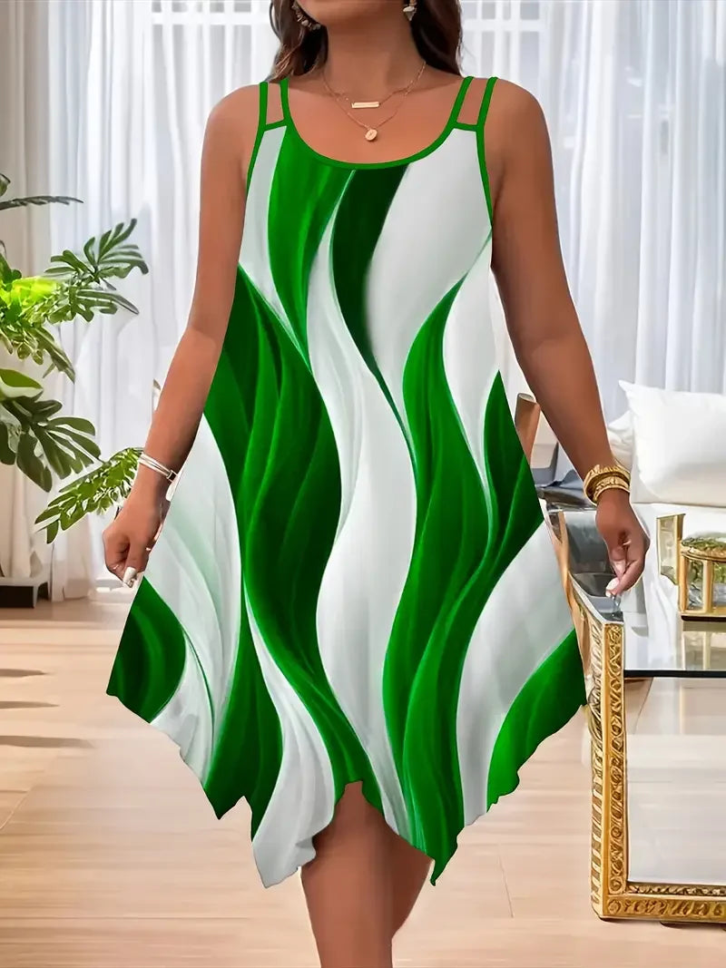 Plus-size women's fashion asymmetrical geometric stripes printed double strap dress