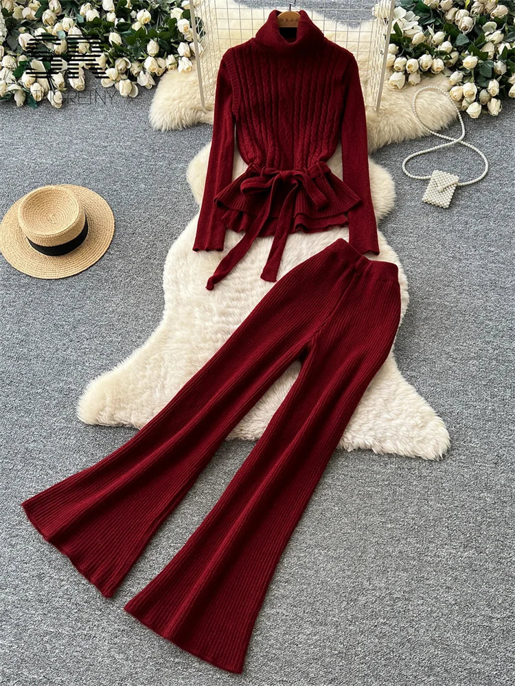 SINGREINY Autumn Turtleneck Commute Sets Tierred Belt Vest+Full Sleeve Pullover+Long Pants Elastic Women Classy Knit 3pcs Sets