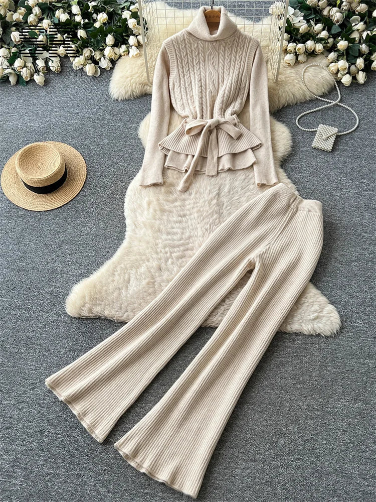 SINGREINY Autumn Turtleneck Commute Sets Tierred Belt Vest+Full Sleeve Pullover+Long Pants Elastic Women Classy Knit 3pcs Sets
