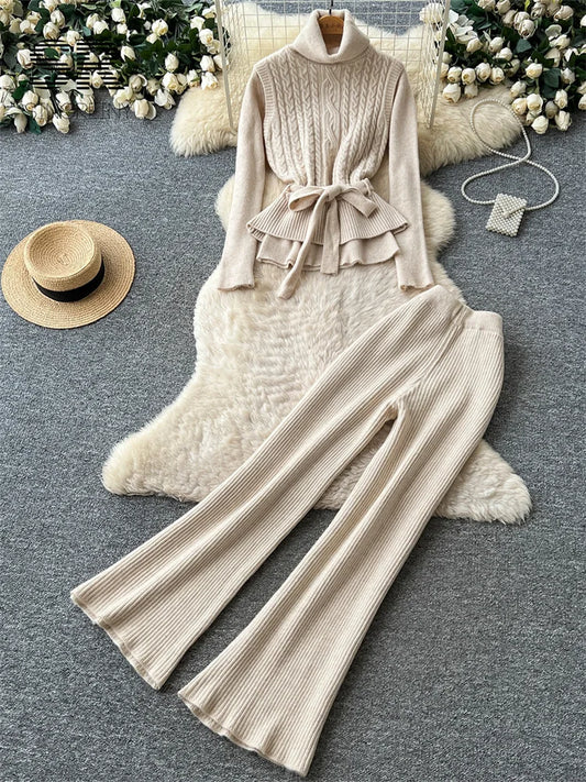 SINGREINY Autumn Turtleneck Commute Sets Tierred Belt Vest+Full Sleeve Pullover+Long Pants Elastic Women Classy Knit 3pcs Sets