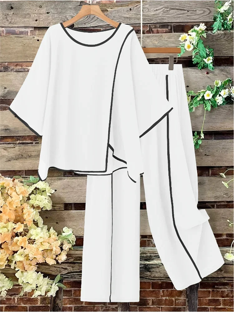 Plus Size Women Casual Fashion Set Loose Comfortable Open Split Half Sleeve Top Wide Pants Long Pant Two Piece Outfit Pajama Set
