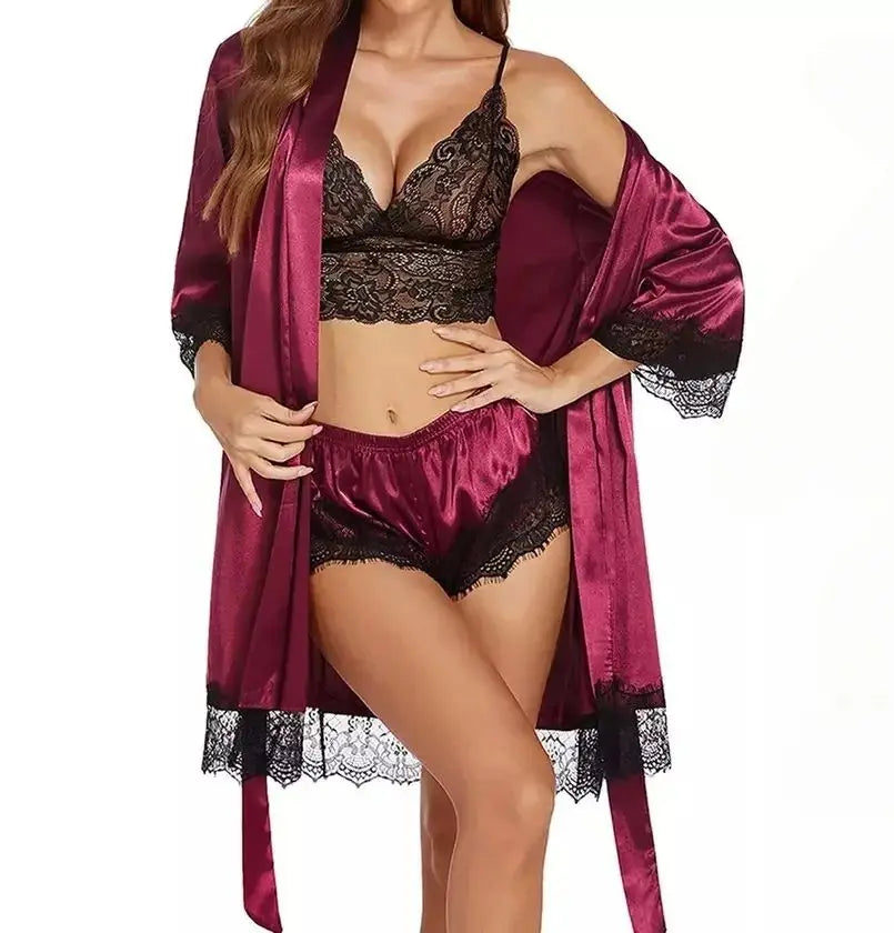 Satin Lace Lingerie Set With Robe Bralette Shorts Panty