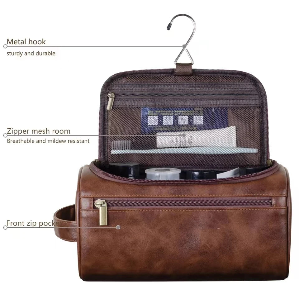 Men Women Leather Hanging Toiletry Bag Travel Cosmetic Storage Organizer