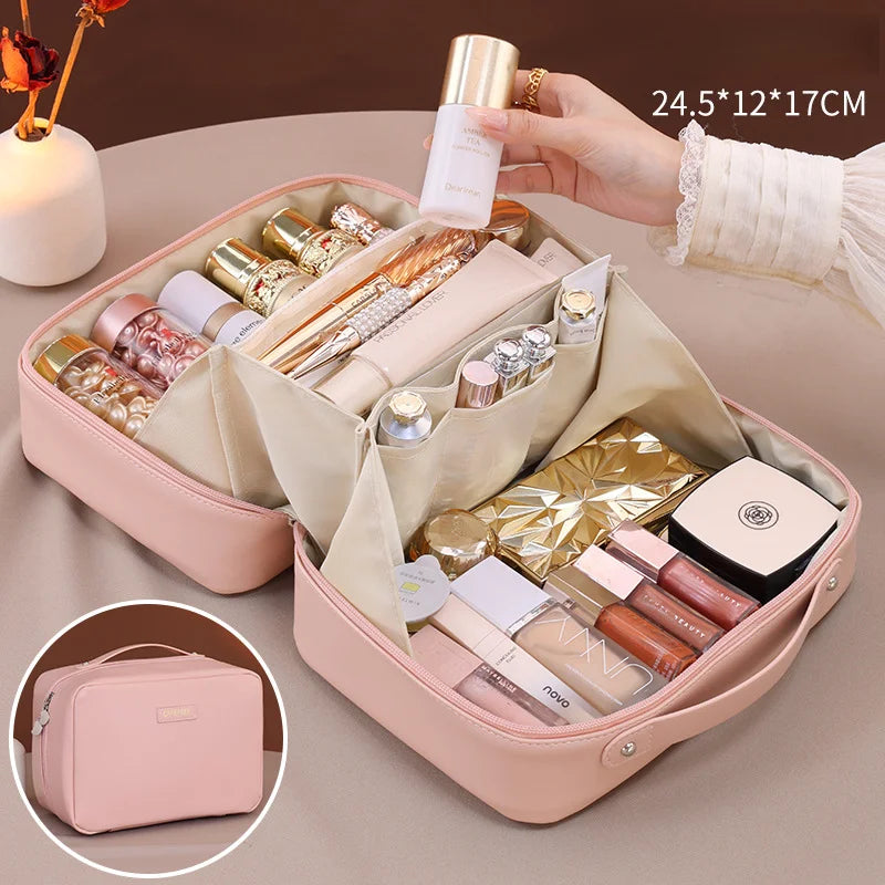 Travel Cosmetic Bag With Dividers And Flat Open Toiletry Organizer