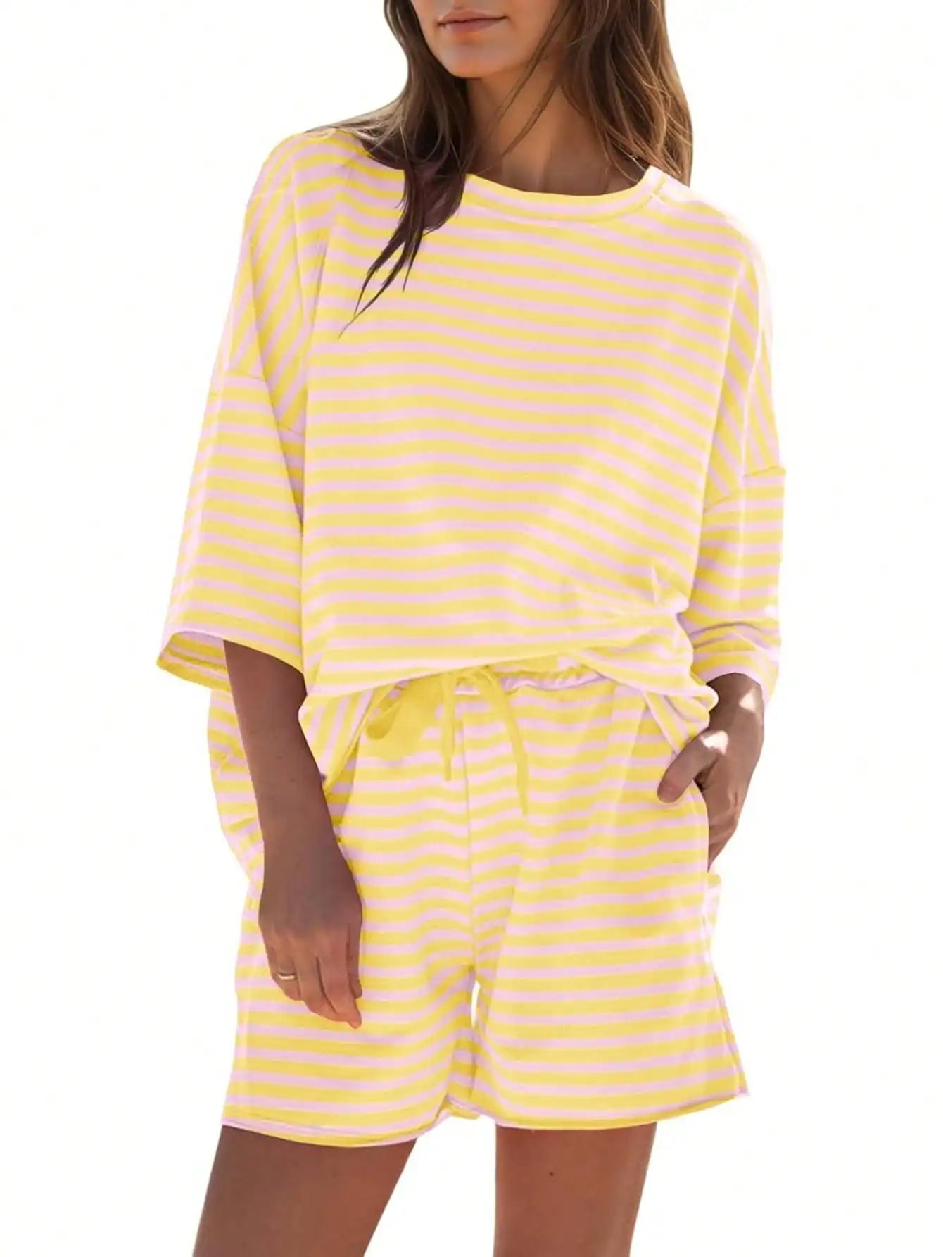Fisoew Striped Athleisure 2 Piece Lounge Set With High Waisted Shorts