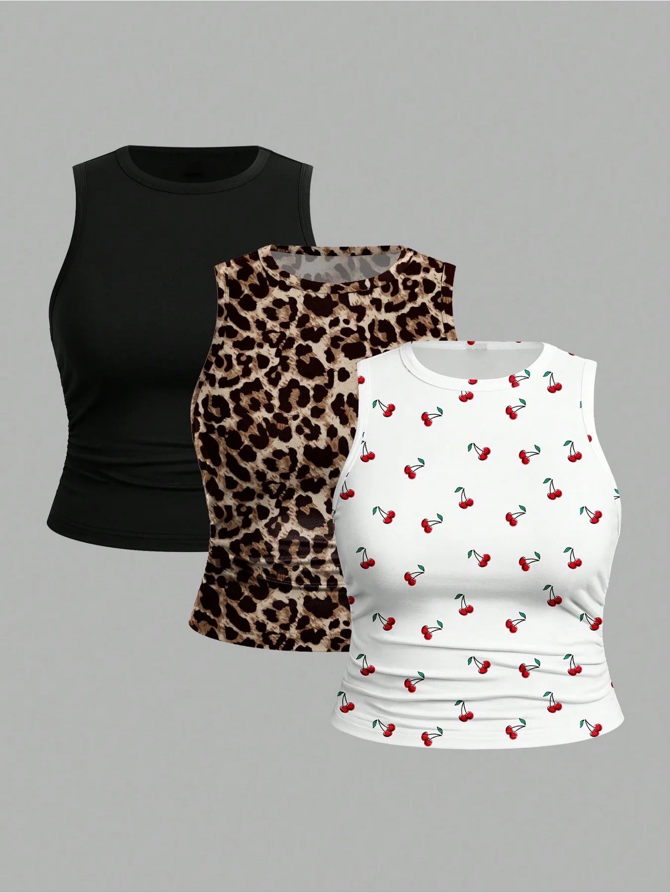 3PC Leopard Print Cherry Print Round Neck Sleeveless Vest, Sweet and Cool Style Slim Fit Short and Plus Size Vest Top