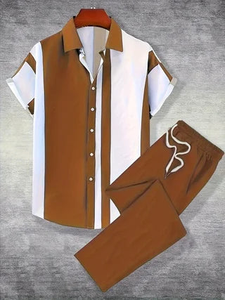 Men's Printed Polyester Short Sleeve Button Down Shirt Pants Set