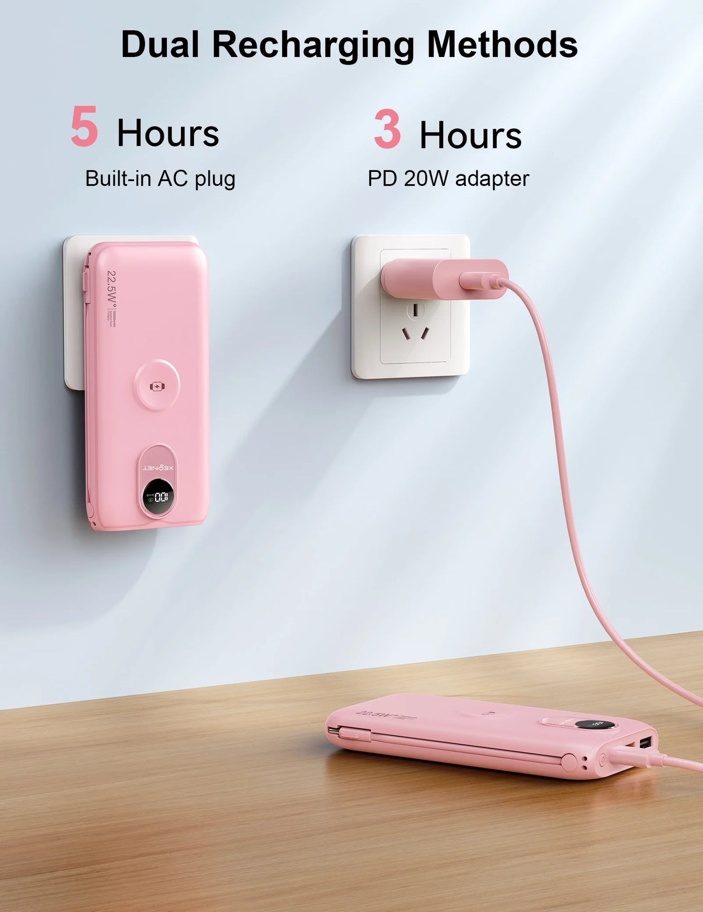 10000mAh Power Bank with AC Wall Plug,22.5W SCP/20W PD Fast Charging,Built-in Cables,Wireless Charger for Apple Watch