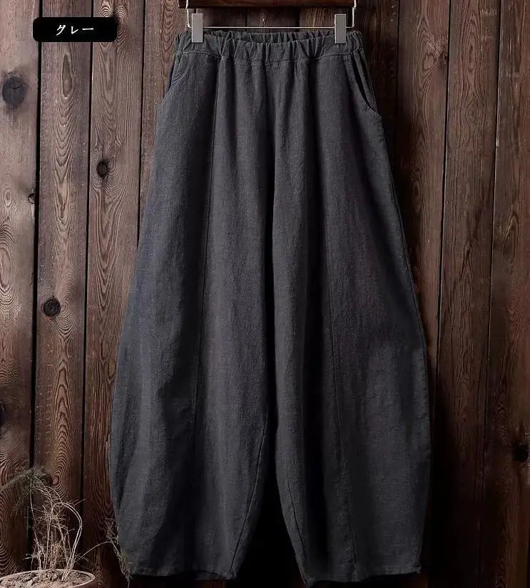 Women's Cotton Linen Vintage Wide Leg Pants With Elastic Waist Full Length