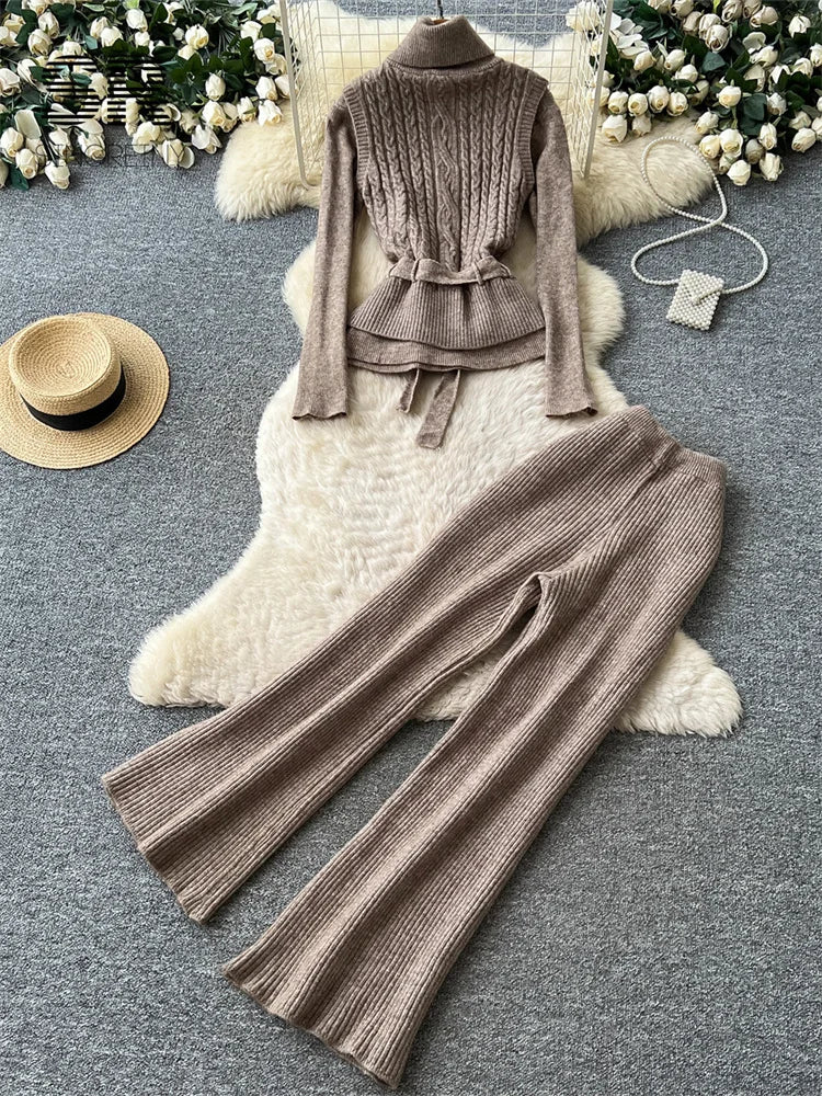 SINGREINY Autumn Turtleneck Commute Sets Tierred Belt Vest+Full Sleeve Pullover+Long Pants Elastic Women Classy Knit 3pcs Sets