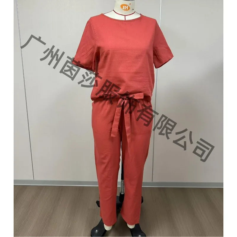 Women's Cotton Linen Summer 2-Piece Set Short Sleeve O-Neck Top & High Waist Drawstring Wide Leg Pants Set Retro Loungewear