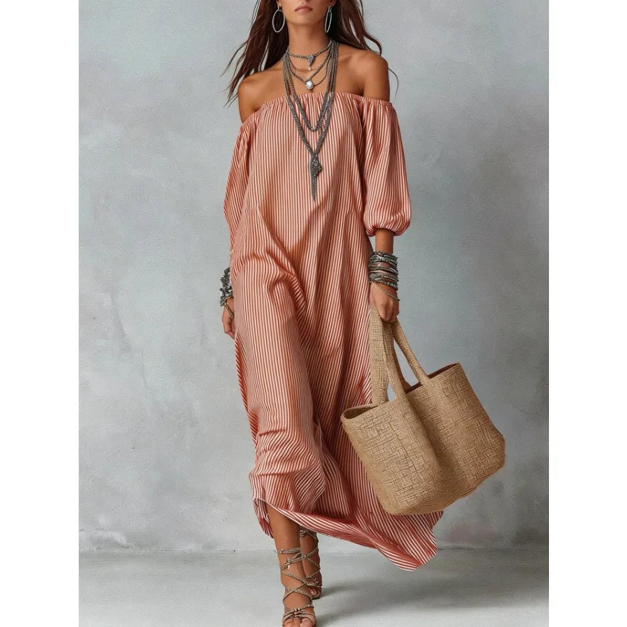 【New style】2026 new style in stock - European and American spring and summer elegant stripe off-the-shoulder loose vacation fas