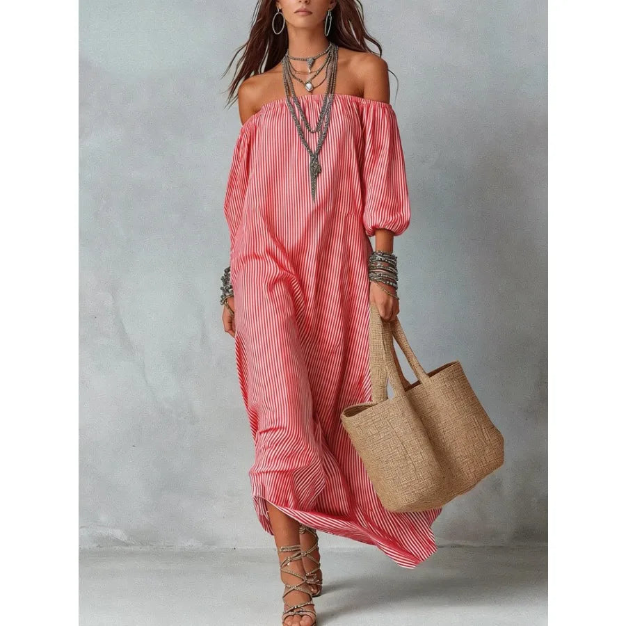 【New style】2026 new style in stock - European and American spring and summer elegant stripe off-the-shoulder loose vacation fas