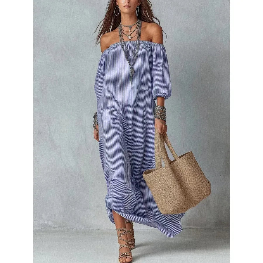 【New style】2026 new style in stock - European and American spring and summer elegant stripe off-the-shoulder loose vacation fas