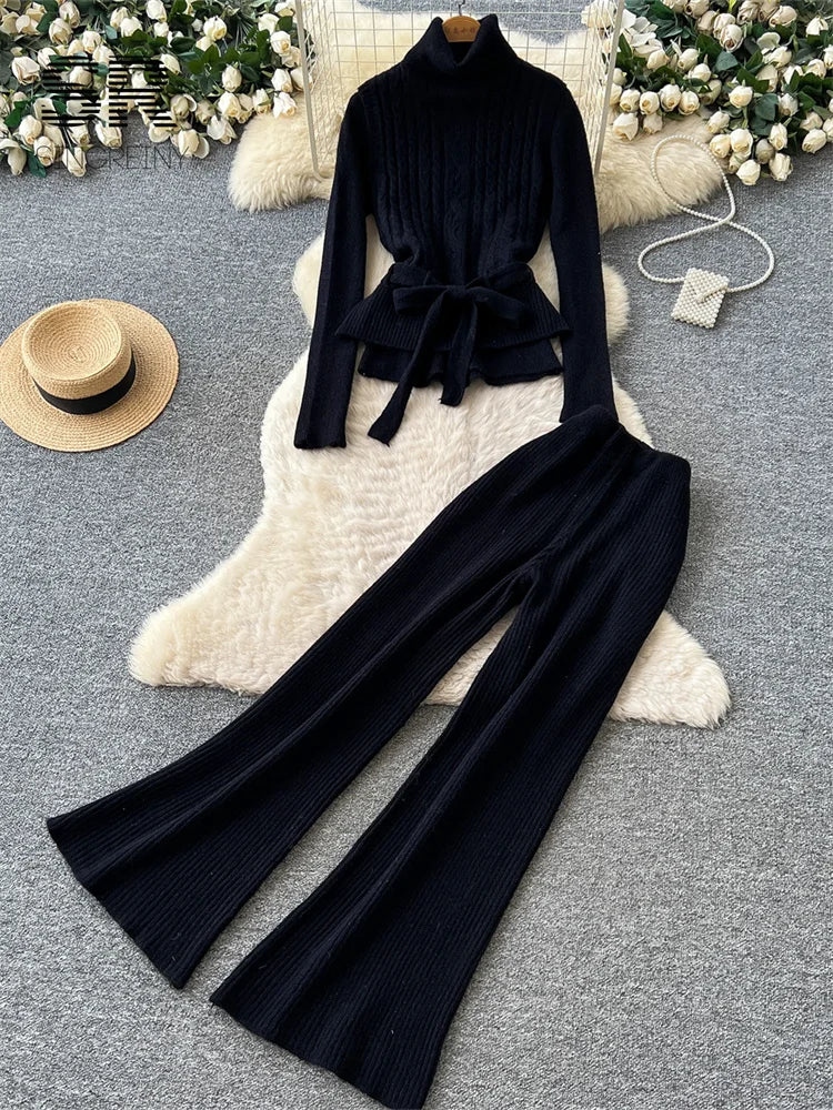 SINGREINY Autumn Turtleneck Commute Sets Tierred Belt Vest+Full Sleeve Pullover+Long Pants Elastic Women Classy Knit 3pcs Sets
