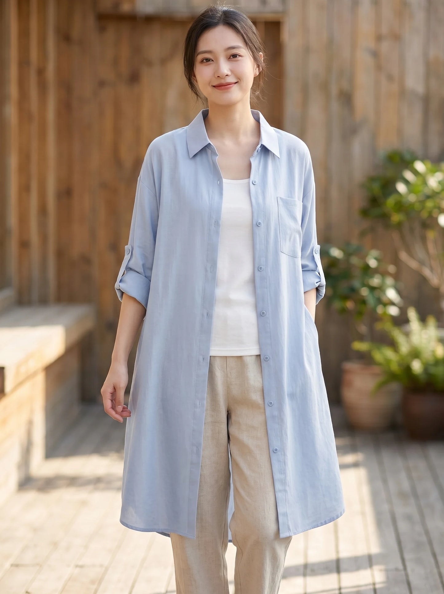 Rosa fera Plus Size Women's Longline Shirt, Roll Up Long Sleeve Button Front High Low Hem Loose Fit Blouse with Pocket