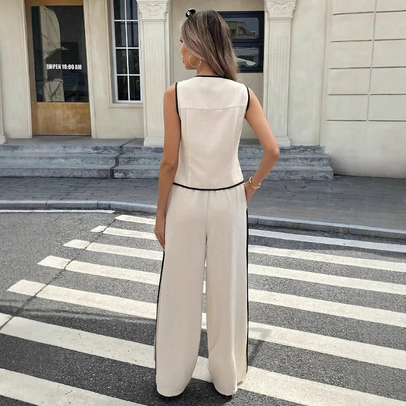Women's Contrast Sleeveless Button Vest & Drawstring Wide Leg Pants 2-Piece Set Summer Elegant Casual Streetwear Loose Suit