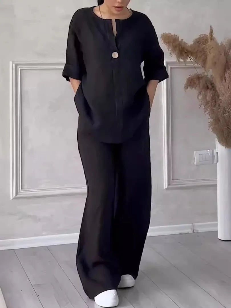 Women's Solid Color 2-Piece Set V-Neck Long Sleeve Top & Wide Leg Pants Casual Loose Lounge Suit Office Lady Simple Set