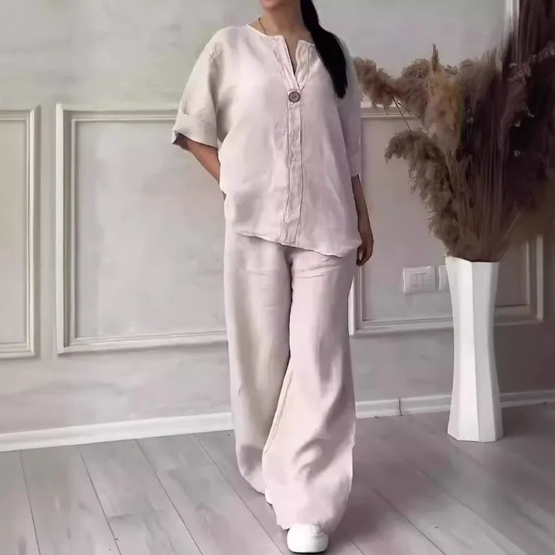 Women's Solid Color 2-Piece Set V-Neck Long Sleeve Top & Wide Leg Pants Casual Loose Lounge Suit Office Lady Simple Set