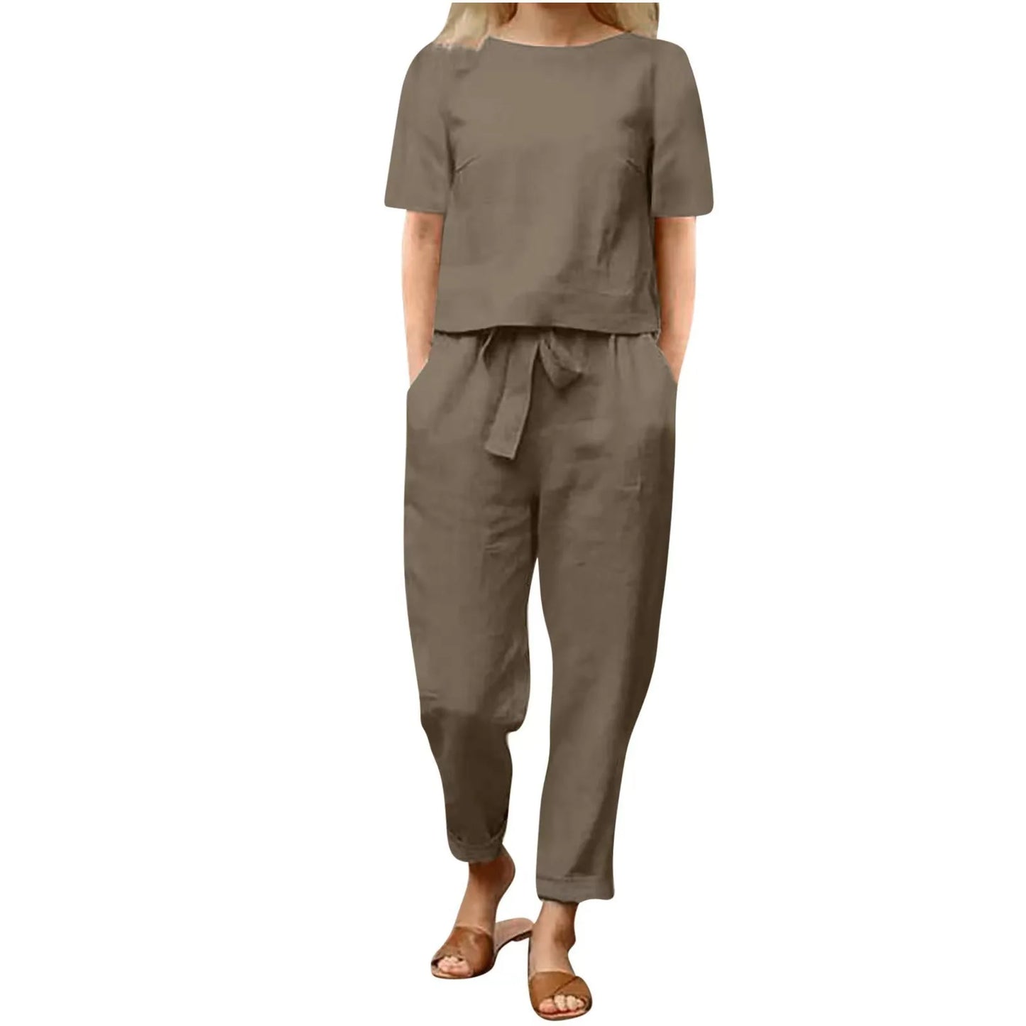 Women's Cotton Linen Summer 2-Piece Set Short Sleeve O-Neck Top & High Waist Drawstring Wide Leg Pants Set Retro Loungewear