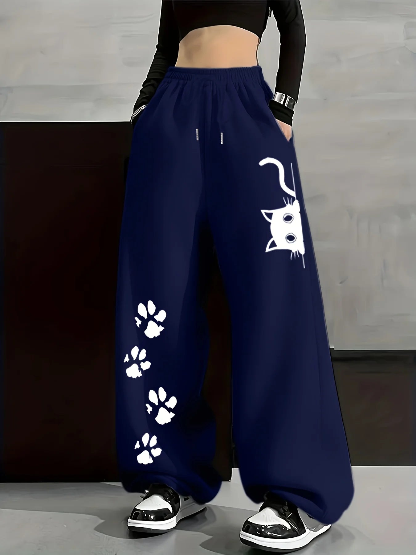 Womens Cat Paw Print Fleece Sweatpants Loose Fit Casual Streetwear