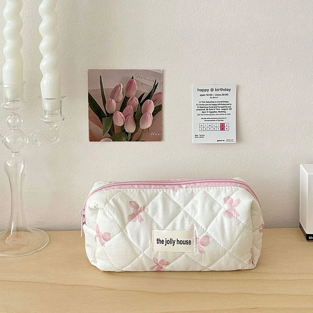 Cute Bow Toiletry Bag with Zipper Makeup Organizer Storage Bag Cotton Quilted Cosmetic Organizer Case for Women and Girls