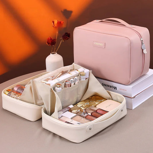 Travel Cosmetic Bag With Dividers And Flat Open Toiletry Organizer
