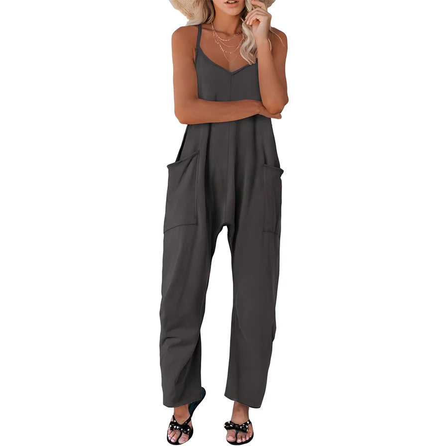 Plus Size Solid Sleeveless V Neck Jumpsuit with Slip Pockets, Casual Women's Clothing