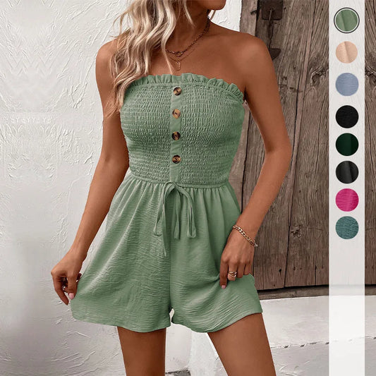 Summer Leisure Vacation, European and American Solid Color High Waist Design, Strapless Jumpsuit Shorts