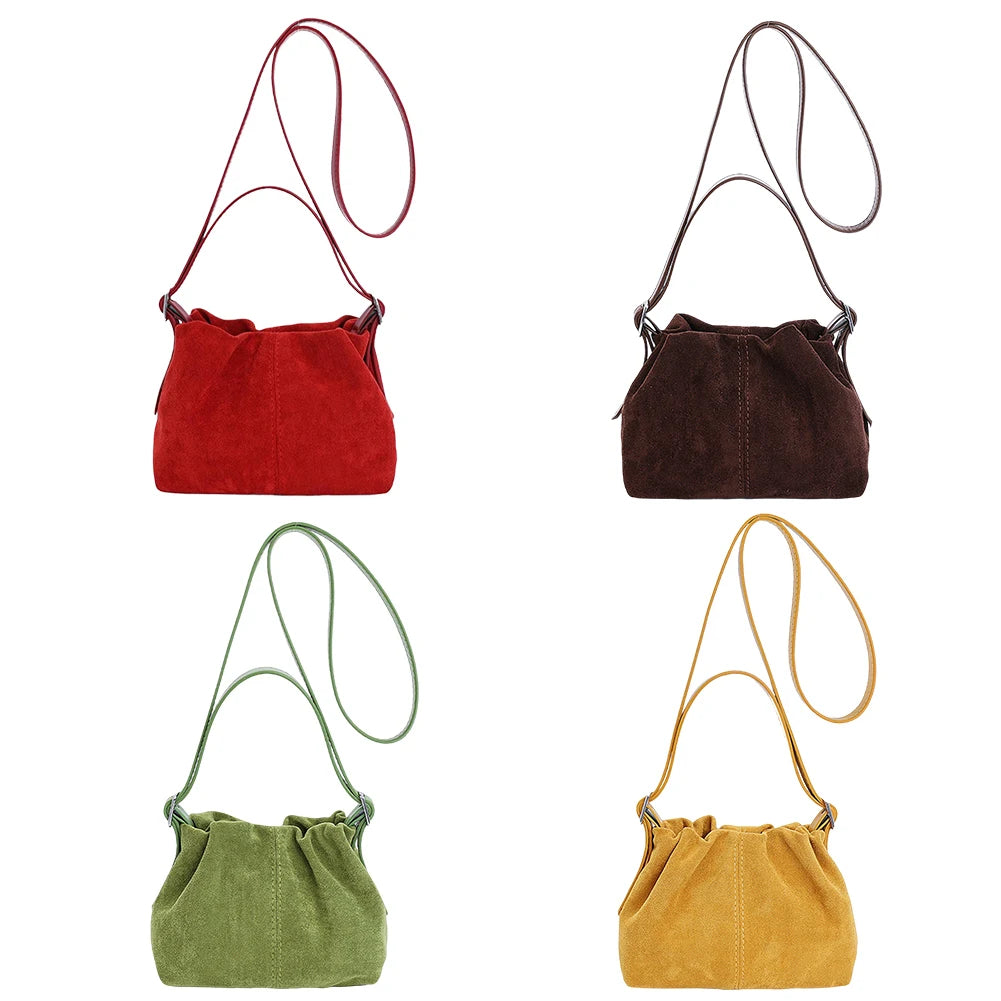 Women Faux Suede Crossbody Bag with Adjustable Strap Drawstring Top Handle Bag Shoulder Handbags for Travel Winter Fall