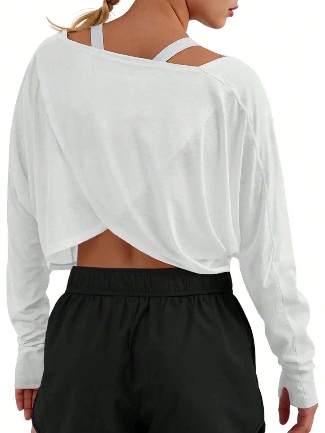 Fisoew Crossover Back Long Sleeve Workout Top, Women's Cropped Long Sleeve Gym Shirt With Thumb Holes, Athletic Yoga Tee