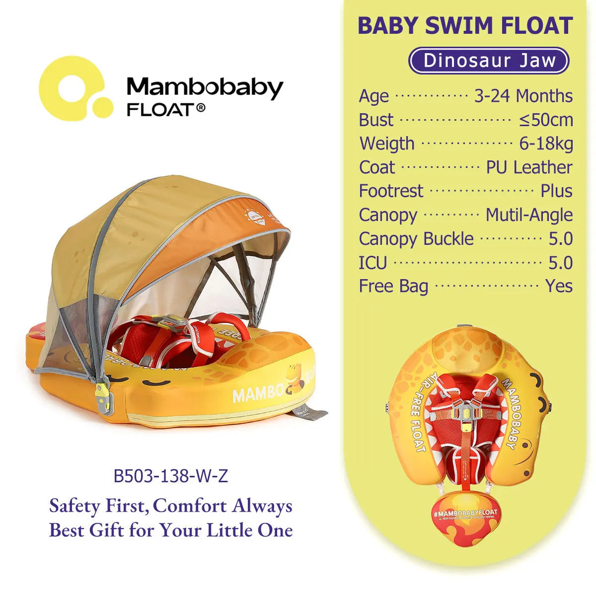 Mambobaby Pool Float With Safety Belt Non Inflatable Canopy Baby