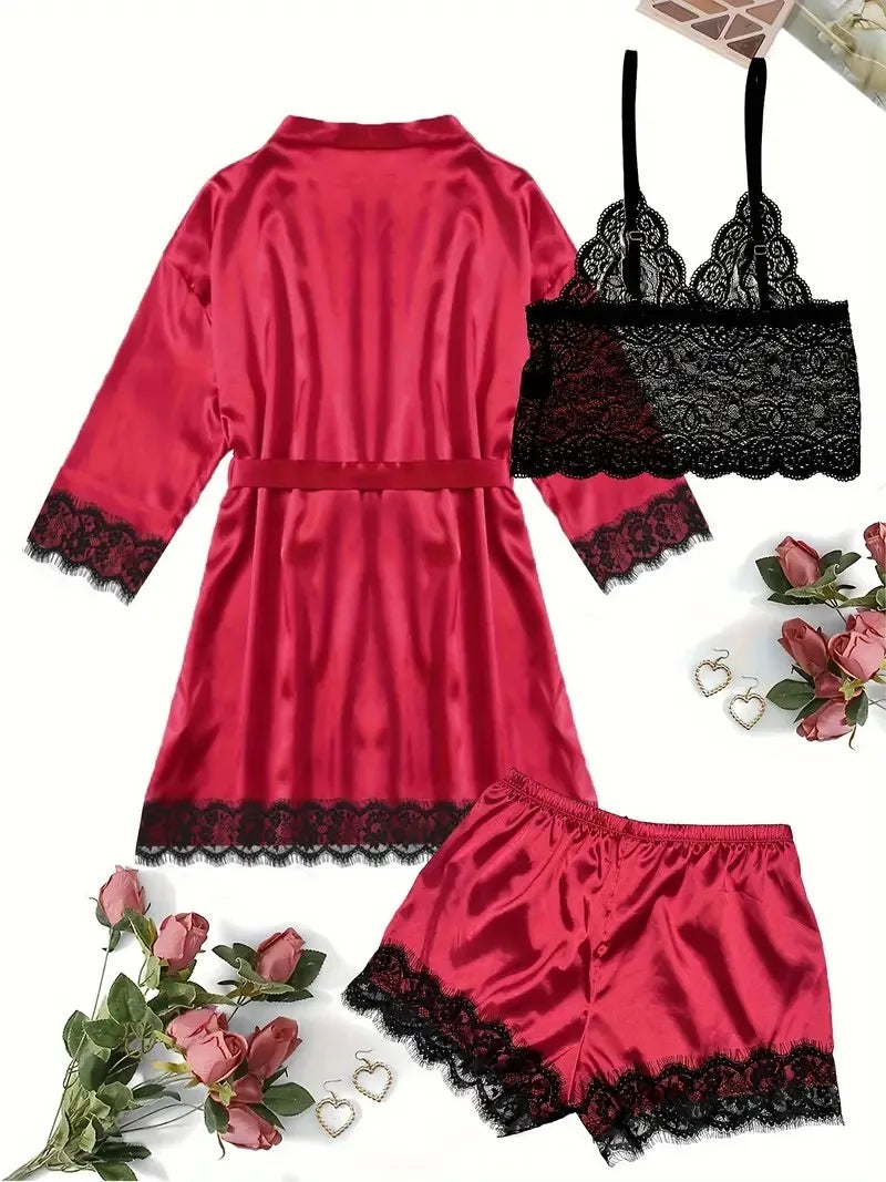 Satin Lace Lingerie Set With Robe Bralette Shorts Panty