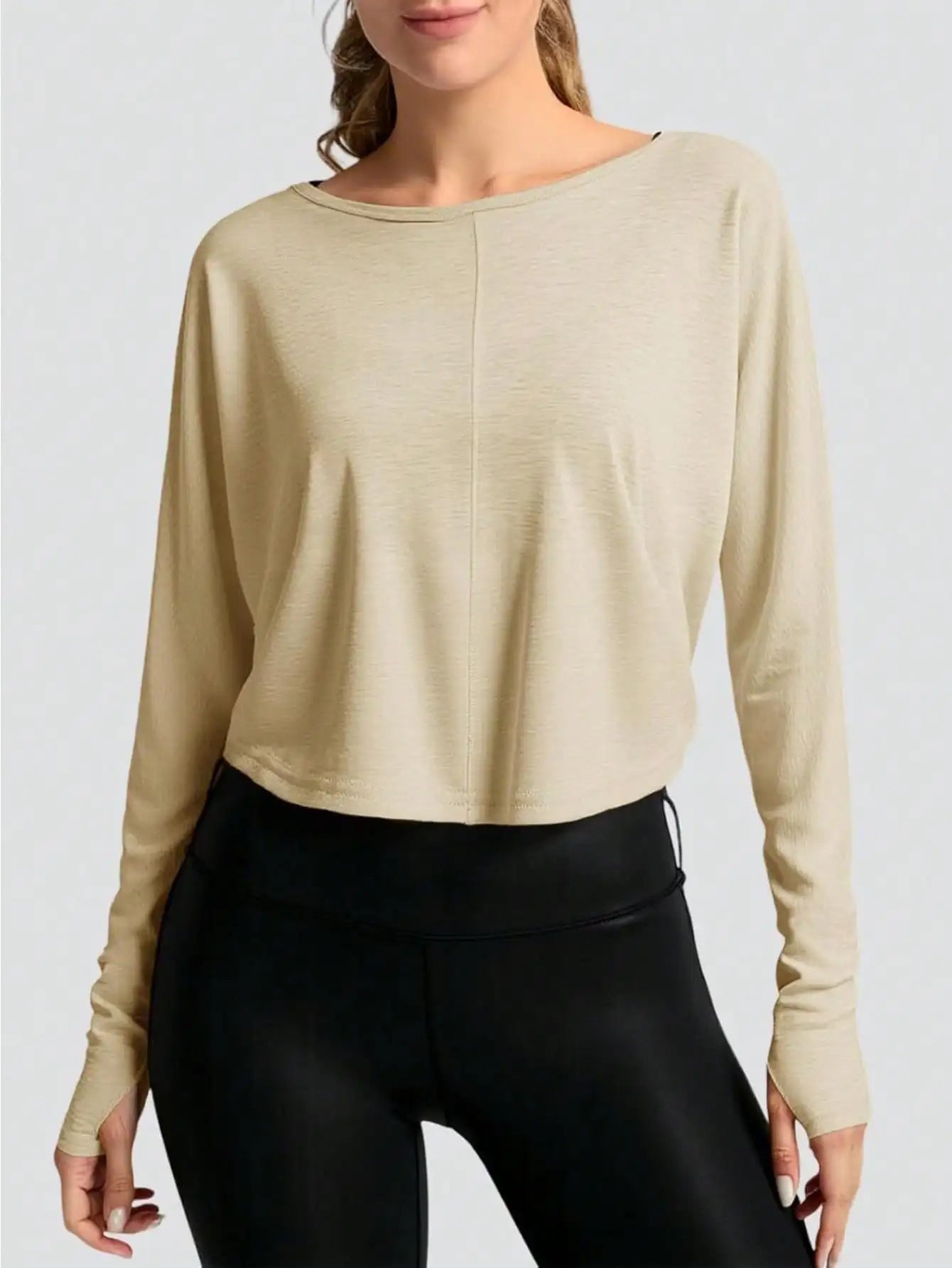 Fisoew Crossover Back Long Sleeve Workout Top, Women's Cropped Long Sleeve Gym Shirt With Thumb Holes, Athletic Yoga Tee