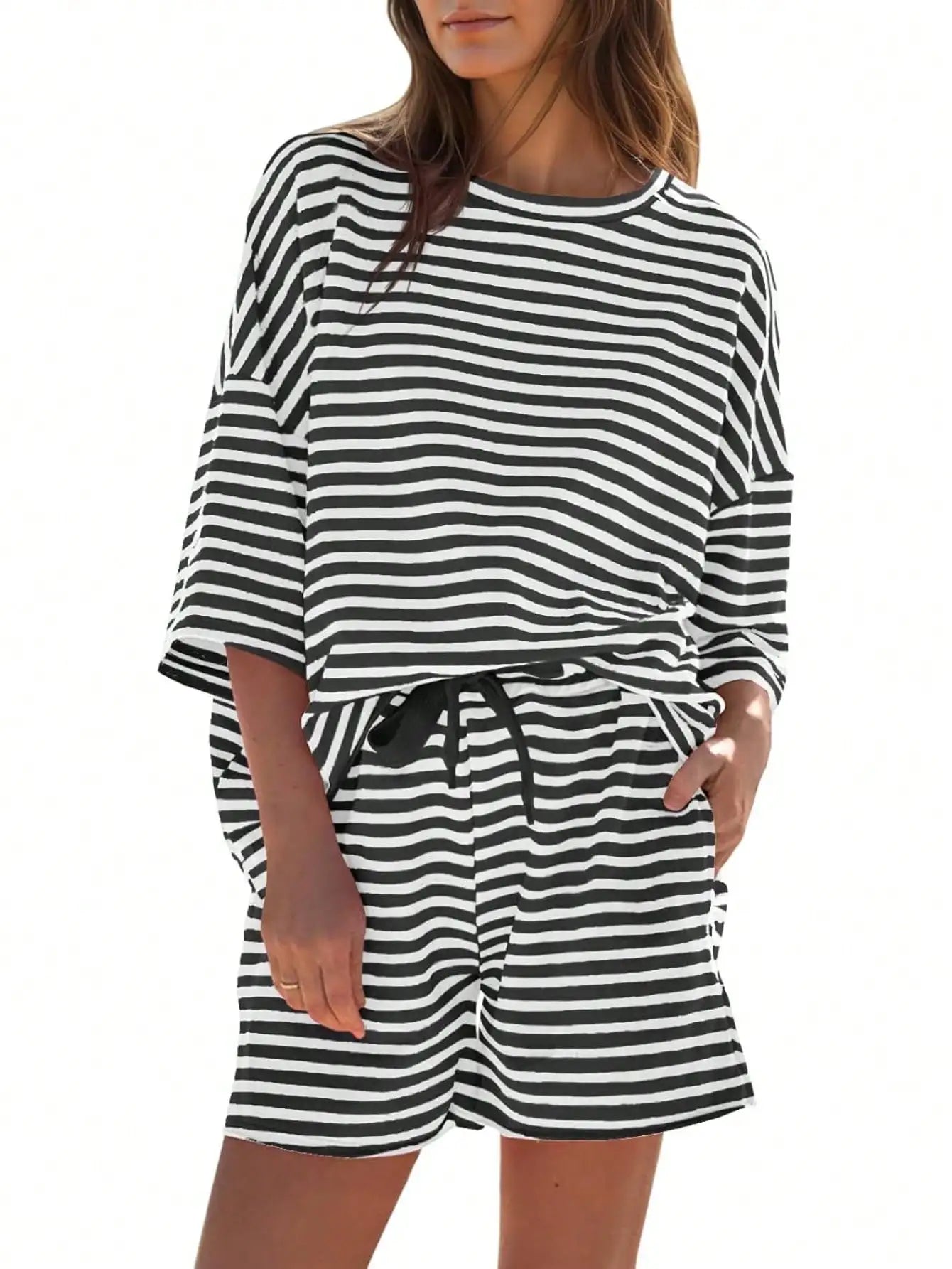 Fisoew Striped Athleisure 2 Piece Lounge Set With High Waisted Shorts