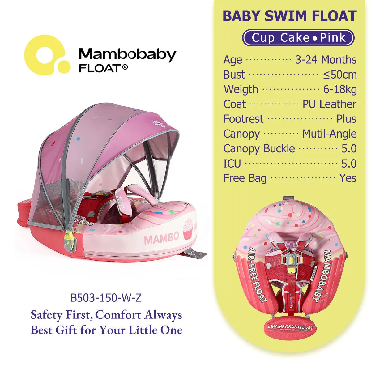 Mambobaby Pool Float With Safety Belt Non Inflatable Canopy Baby