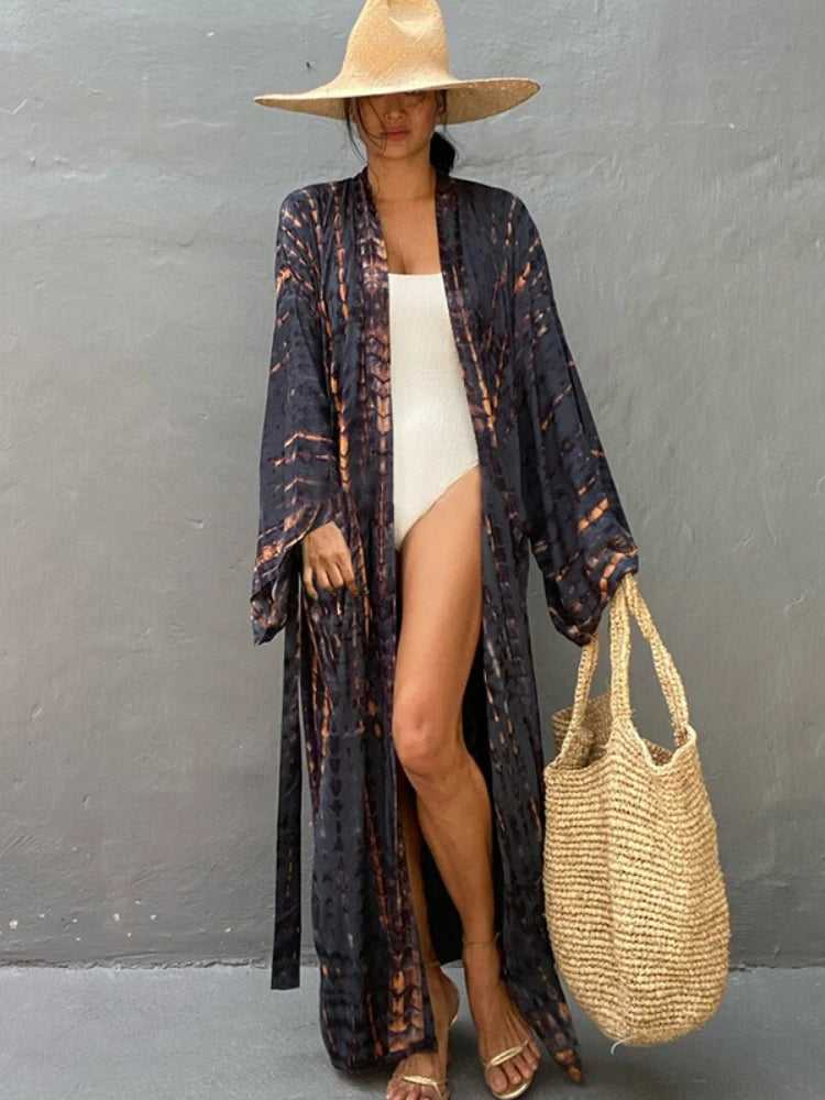 Boho Tie Dye Bikini Cover Up Kimono Cape Beach Dress