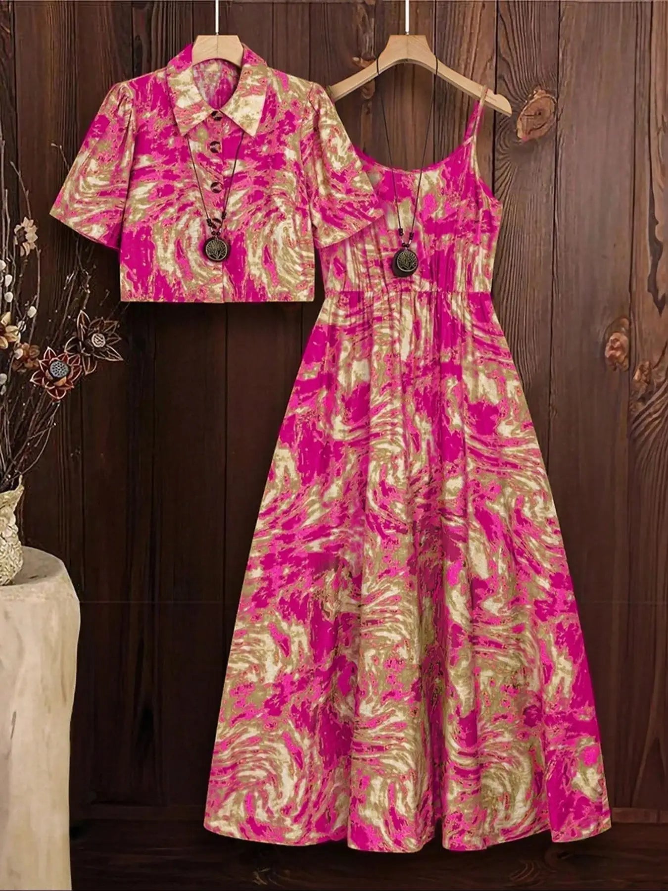 Plus Size Marble Print Tank Dress & Top Set, Casual Sleeveless Dress & Top, Women's Two-piece Outfits for All Seasons