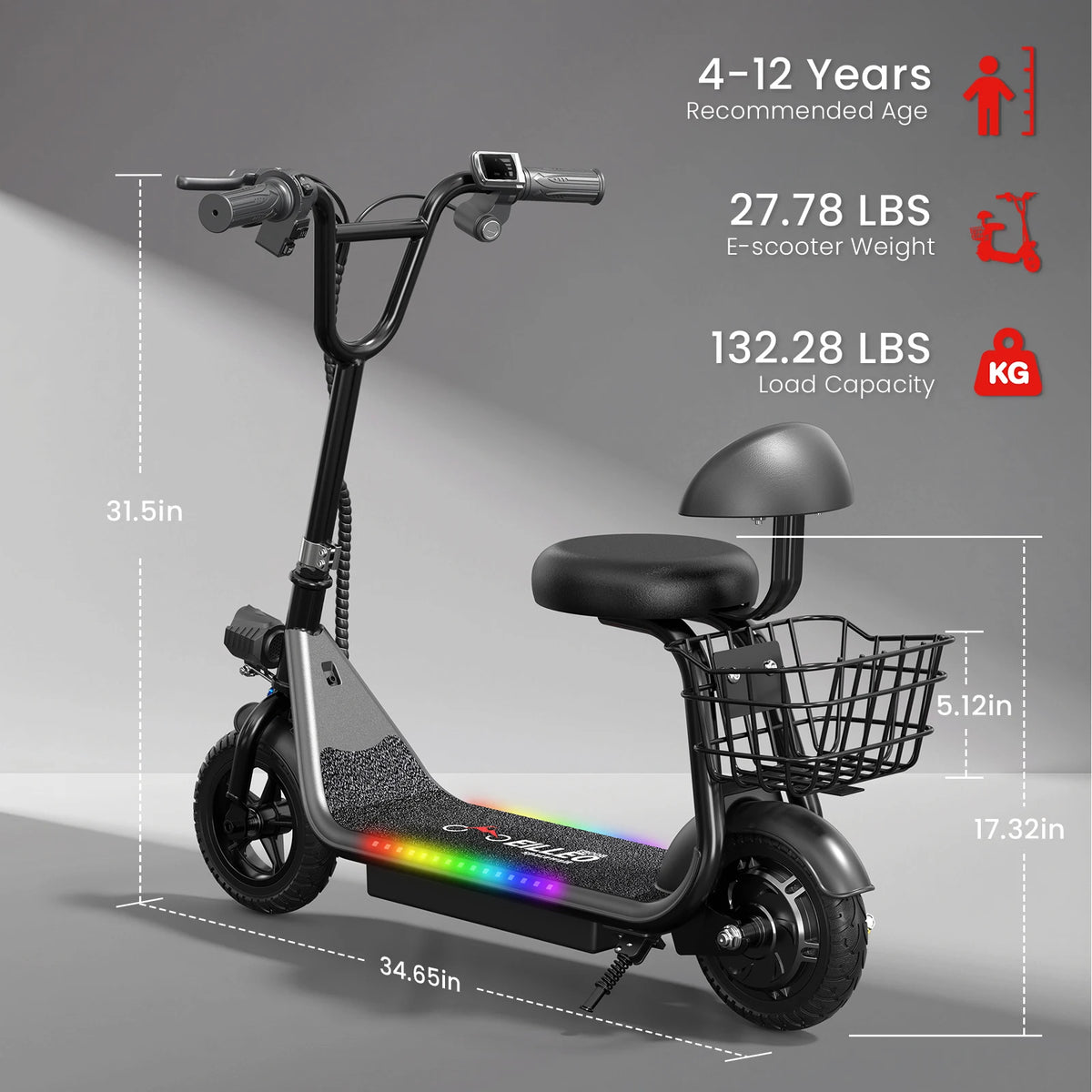 Eilleo Kids Electric Scooter Bluetooth Speaker Foldable Seat Basket
