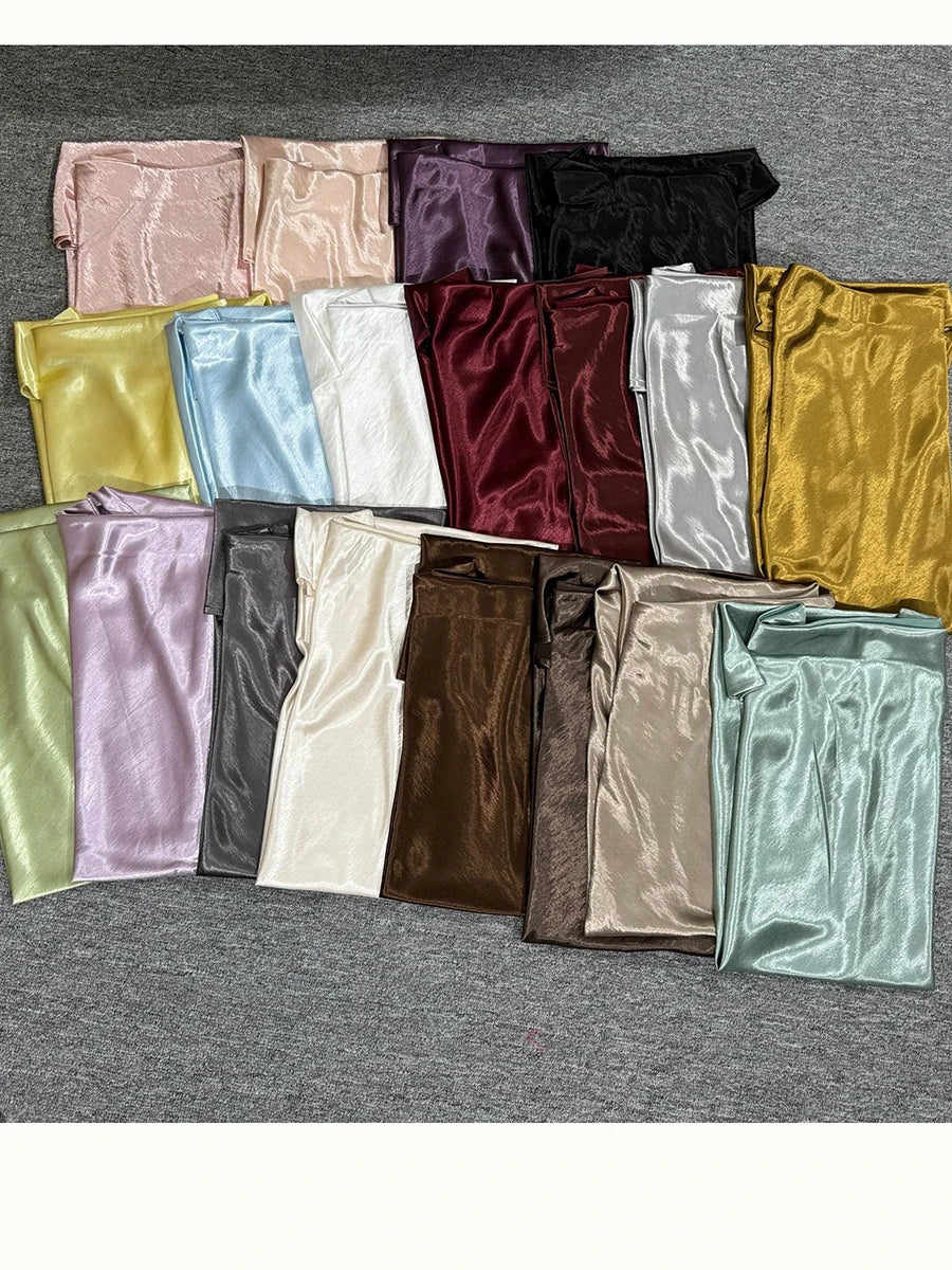 Glossy Satin Midi Skirt Women Elegant Quiet Luxury Basic Elastic-Waist Skirt